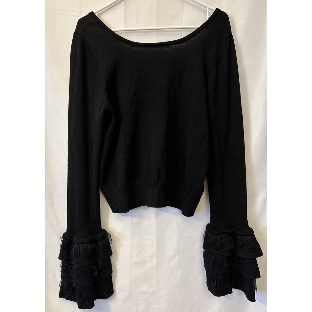 Cropped Off Shoulder Black Sweater Tiered Tulle Fluff Cuff Size L